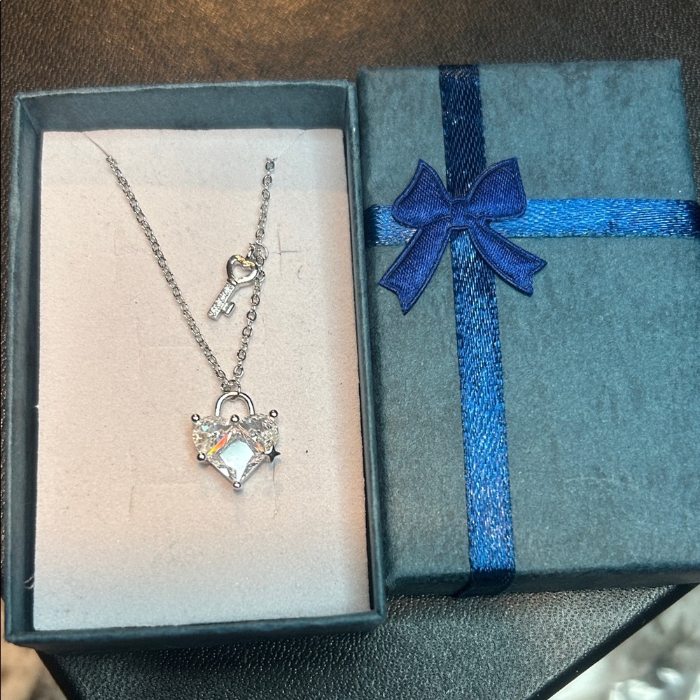Silver Heart Lock Pendant Necklace with Clear Stone with gift box